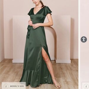 Revelry Thalia Deep Olive Satin Bridesmaid Dress-NEVER WORN